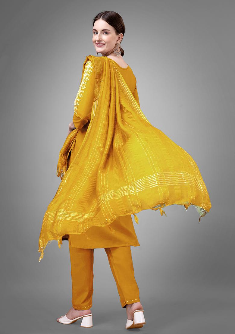 Yellow Embroidered Cotton Kurta Set