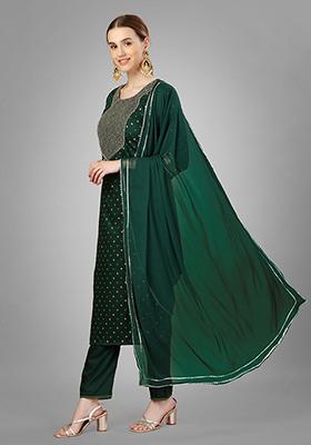 Dark Green Printed Silk Kurta Set