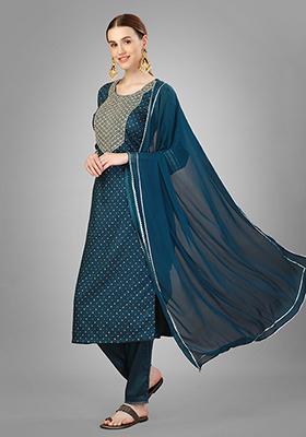 Teal Blue Printed Silk Kurta Set