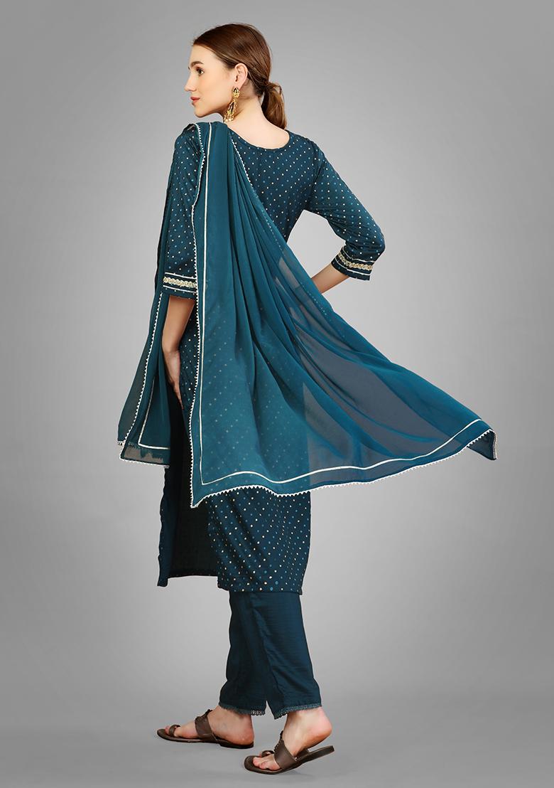 Teal Blue Printed Silk Kurta Set