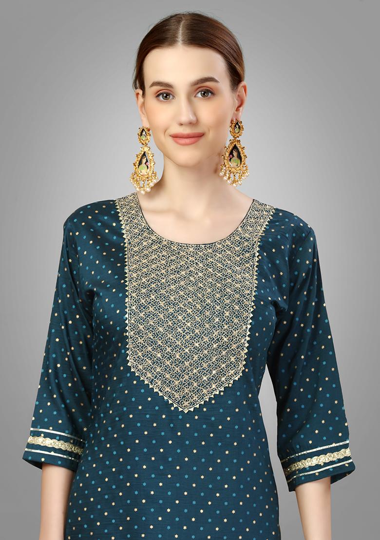 Teal Blue Printed Silk Kurta Set