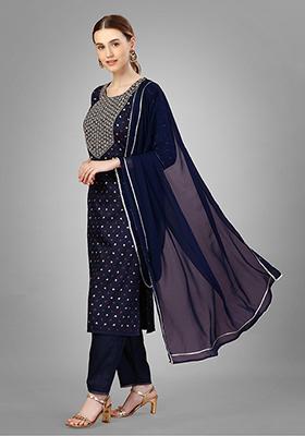 Navy Blue Printed Silk Kurta Set