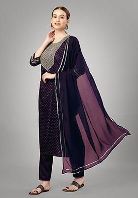 Purple Printed Silk Kurta Set