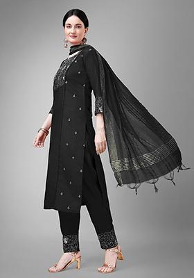 Black Embroidered Cotton Kurta Set