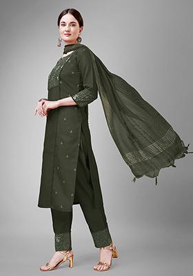 Dark Green Embroidered Cotton Kurta Set