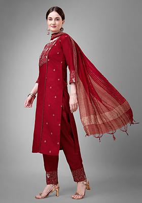 Maroon Embroidered Cotton Kurta Set