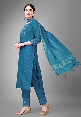 Blue Embroidered Cotton Kurta Set