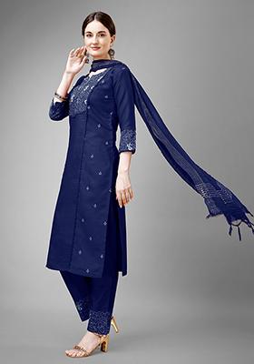 Navy Blue Embroidered Cotton Kurta Set