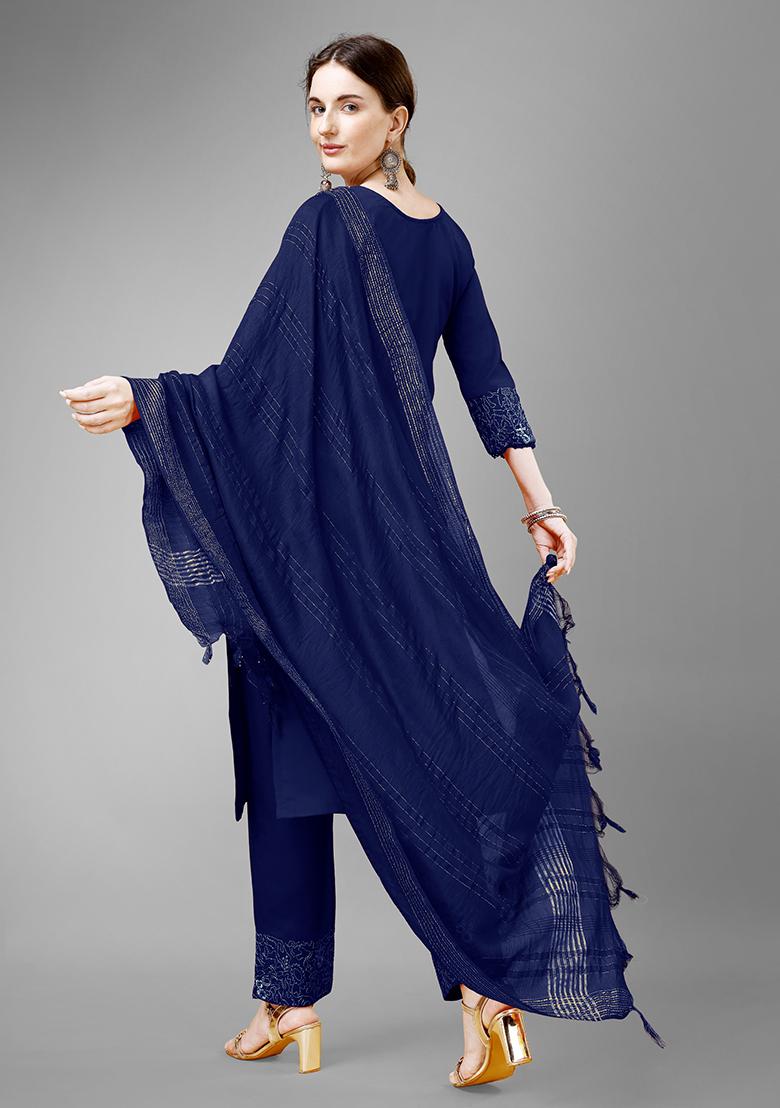 Navy Blue Embroidered Cotton Kurta Set