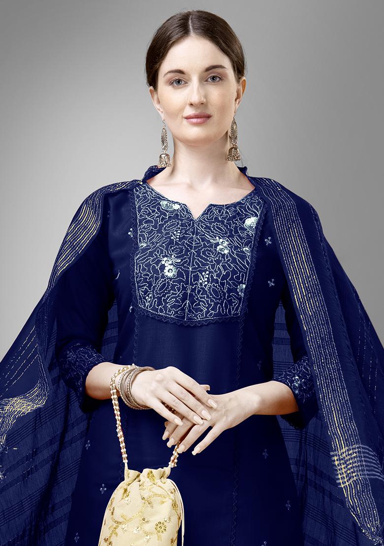 Navy Blue Embroidered Cotton Kurta Set