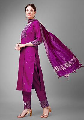 Purple Embroidered Cotton Kurta Set