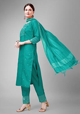 Green Embroidered Cotton Kurta Set