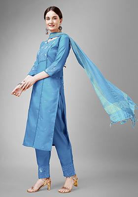 Sky Blue Embroidered Cotton Kurta Set