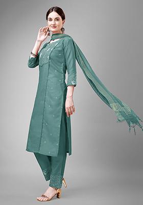 Teal Blue Embroidered Cotton Kurta Set