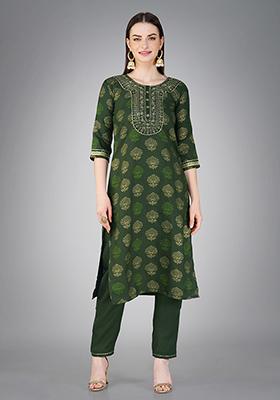 Dark Green Printed Cotton Kurta Set