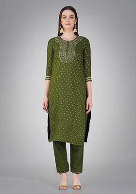 Green Printed Cotton Kurta Set
