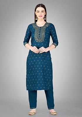 Blue Printed Cotton Kurta Set