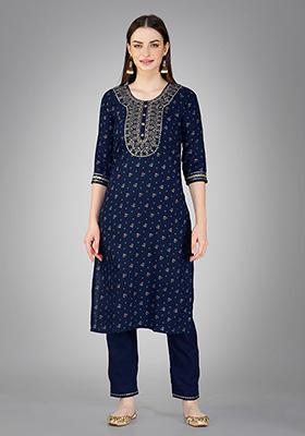 Navy Blue Printed Cotton Kurta Set