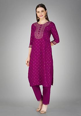 Purple Printed Cotton Kurta Set