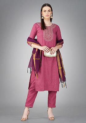 Wine Printed Cotton Kurta Set
