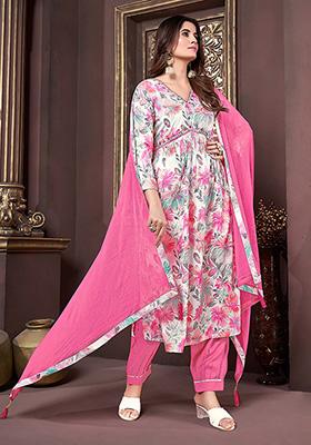 Off White Printed Rayon Kurta Set