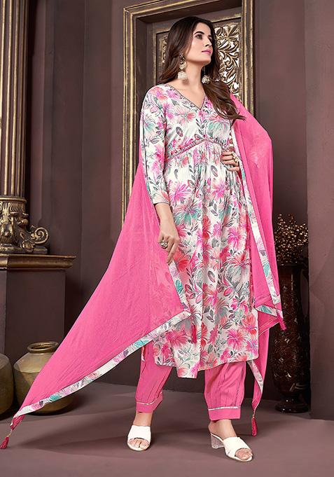 Off White Printed Rayon Kurta Set