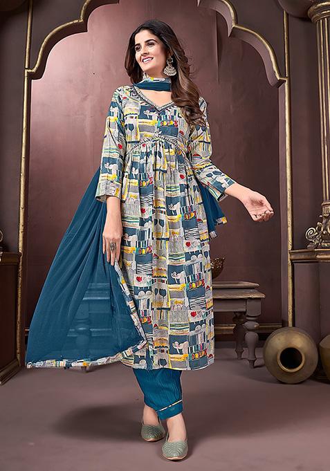 Off White Printed Rayon Kurta Set