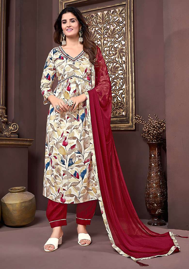 Off White Printed Rayon Kurta Set - Indya