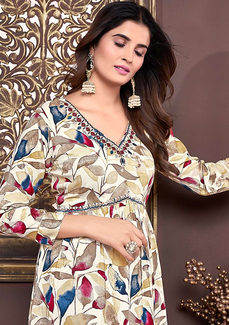 Off White Printed Rayon Kurta Set - Indya