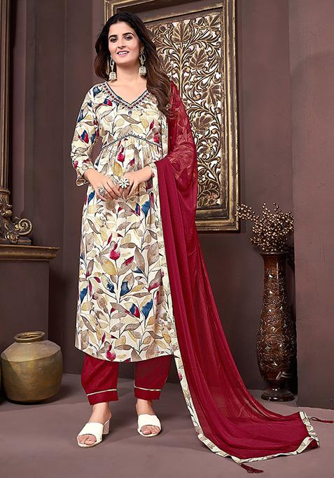 Off White Printed Rayon Kurta Set