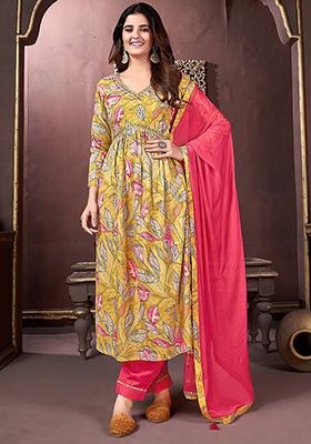 Yellow Printed Rayon Kurta Set