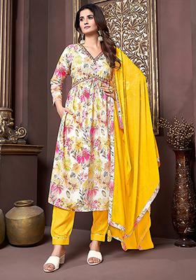 Cream Printed Rayon Kurta Set