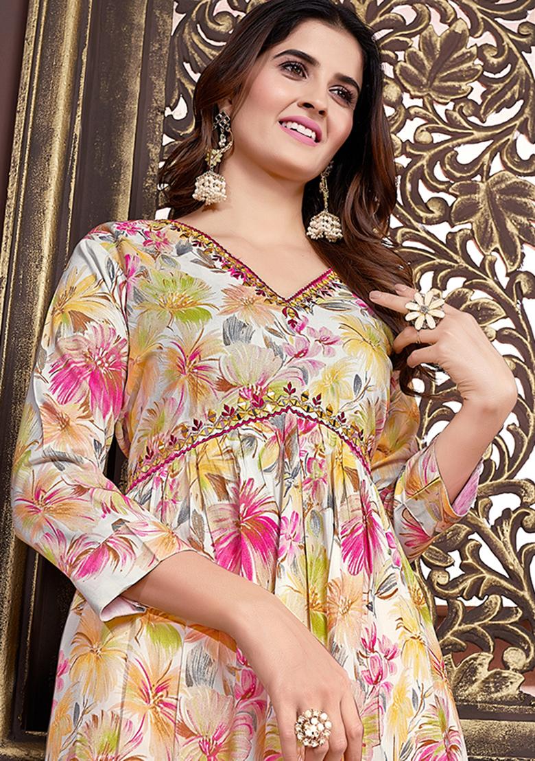 Cream Printed Rayon Kurta Set - Indya