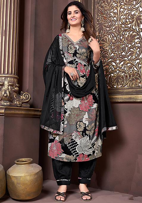 Grey Printed Rayon Kurta Set