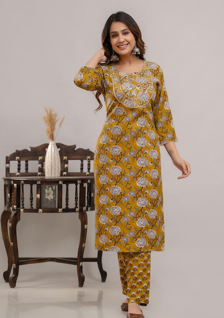 Mustard Embroidered Rayon Kurta Set - Indya