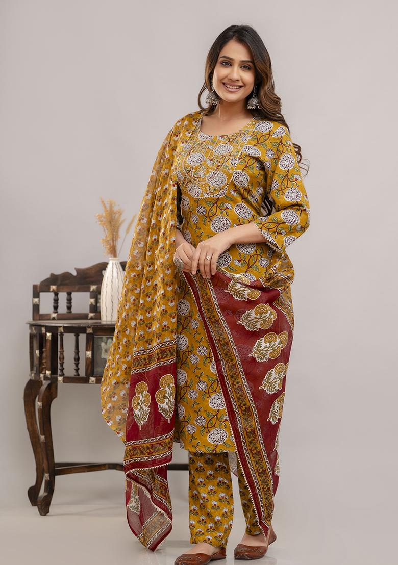 Mustard Embroidered Rayon Kurta Set - Indya