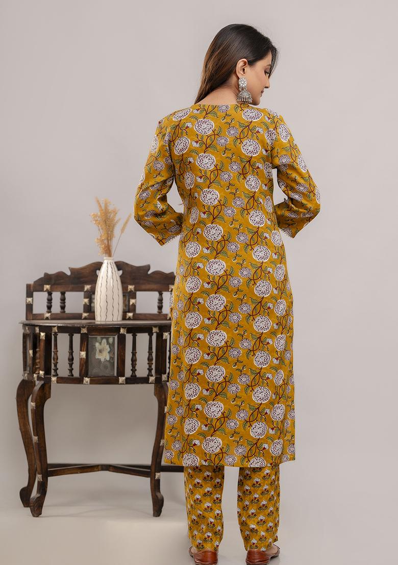 Mustard Embroidered Rayon Kurta Set - Indya