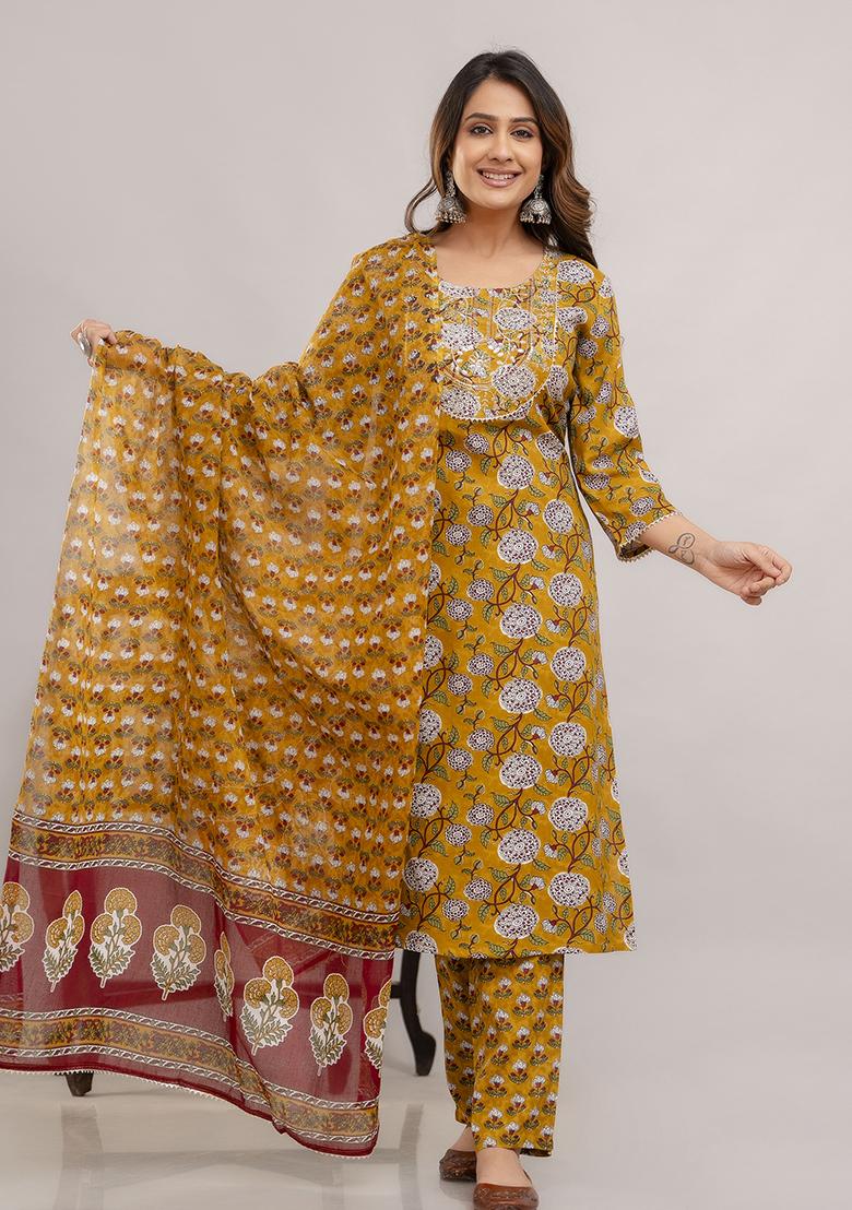 Mustard Embroidered Rayon Kurta Set - Indya