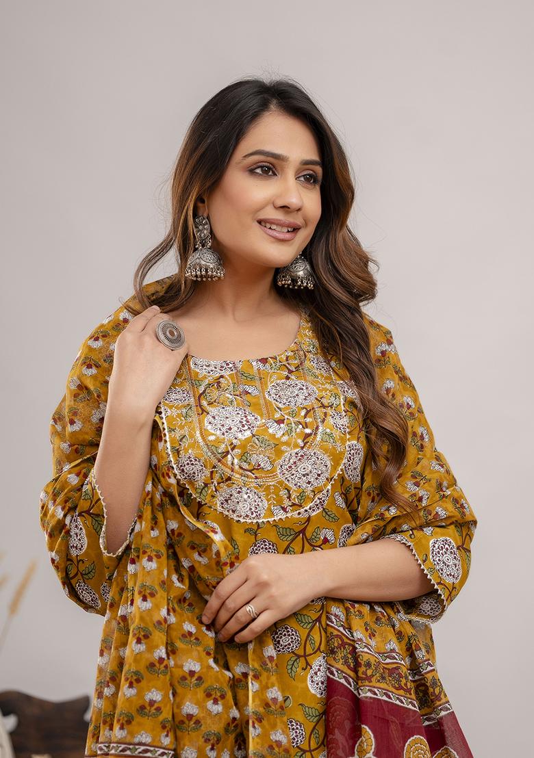 Mustard Embroidered Rayon Kurta Set - Indya