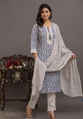 Blue Embroidered Rayon Kurta Set