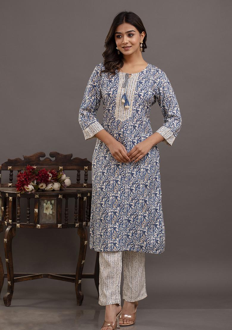 Blue Embroidered Rayon Kurta Set - Indya