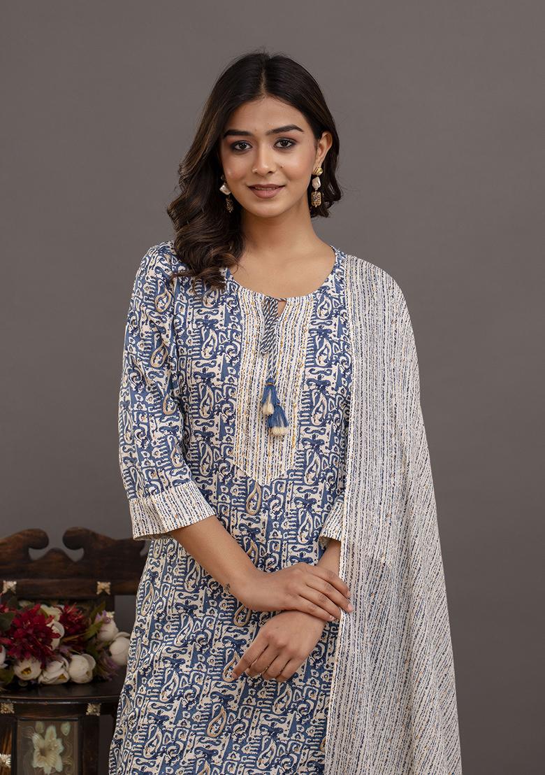 Blue Embroidered Rayon Kurta Set - Indya