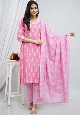 Pink Embroidered Rayon Kurta Set