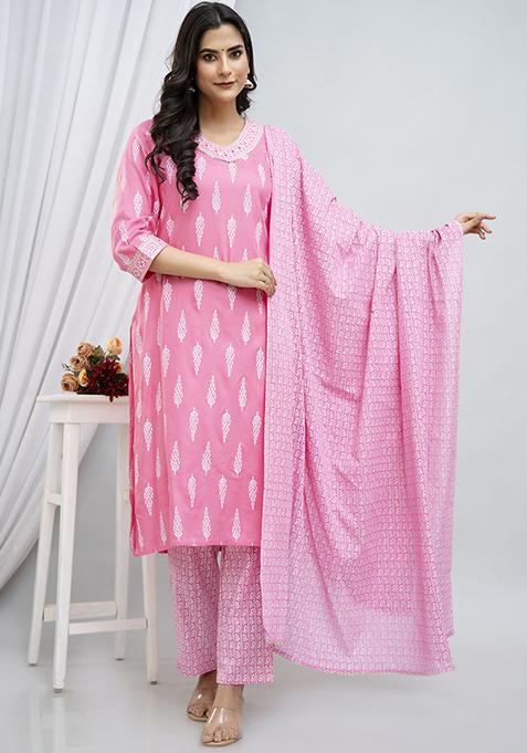 Pink Embroidered Rayon Kurta Set