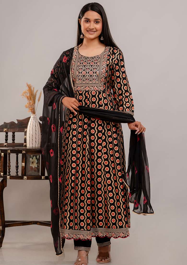 Black Printed Rayon A Line Kurta Set - Indya