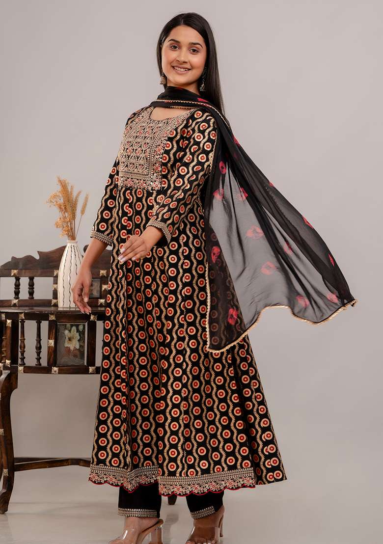 Black Printed Rayon A Line Kurta Set - Indya