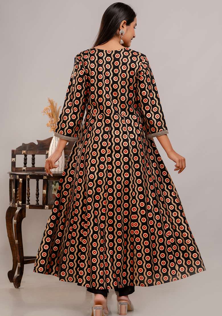 Black Printed Rayon A Line Kurta Set - Indya