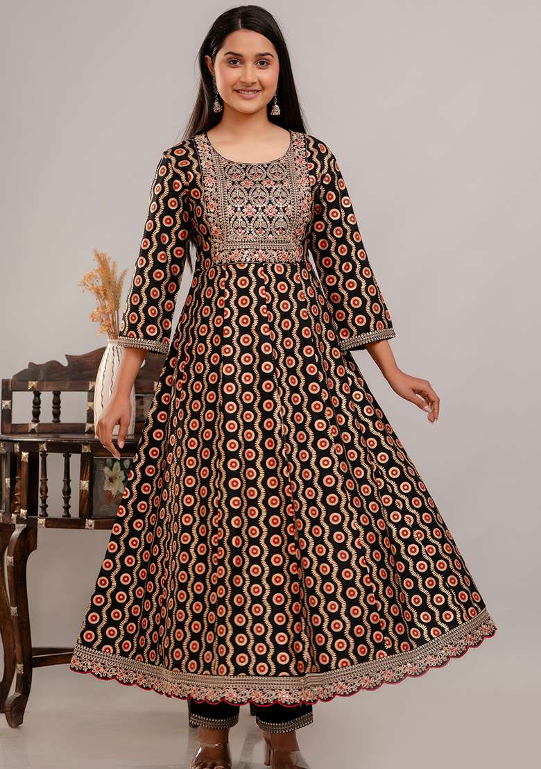 Black Printed Rayon A Line Kurta Set - Indya