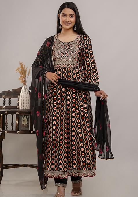 Black Embroidered Rayon Kurta Set