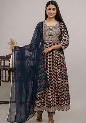 Blue Embroidered Rayon Kurta Set